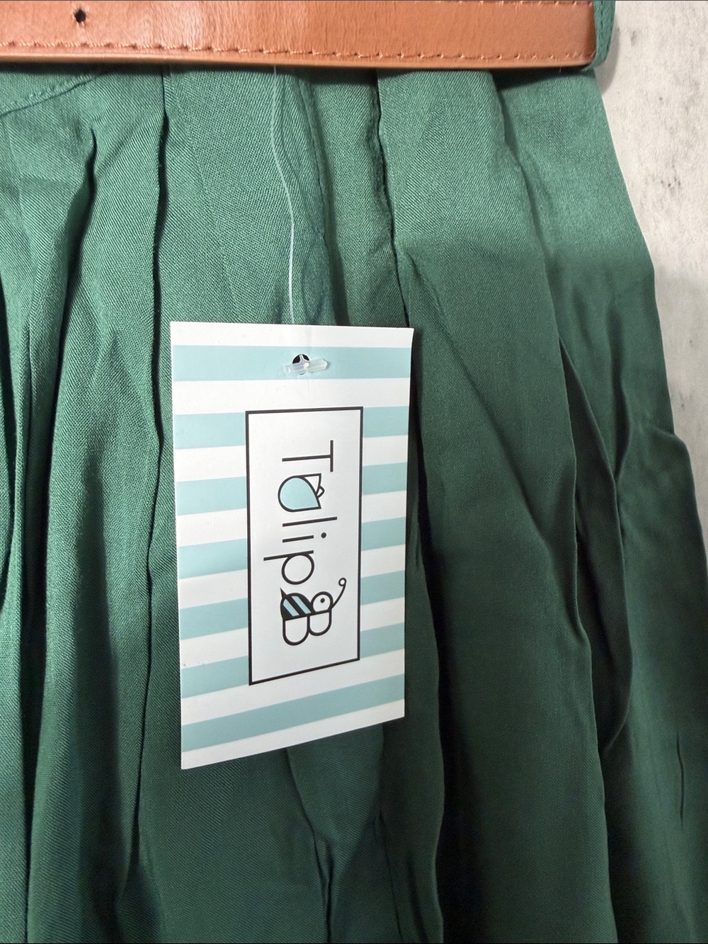 NWT TULIP B Pleated Green Midi Skirt with Brown Belt - Picture 2 of 3